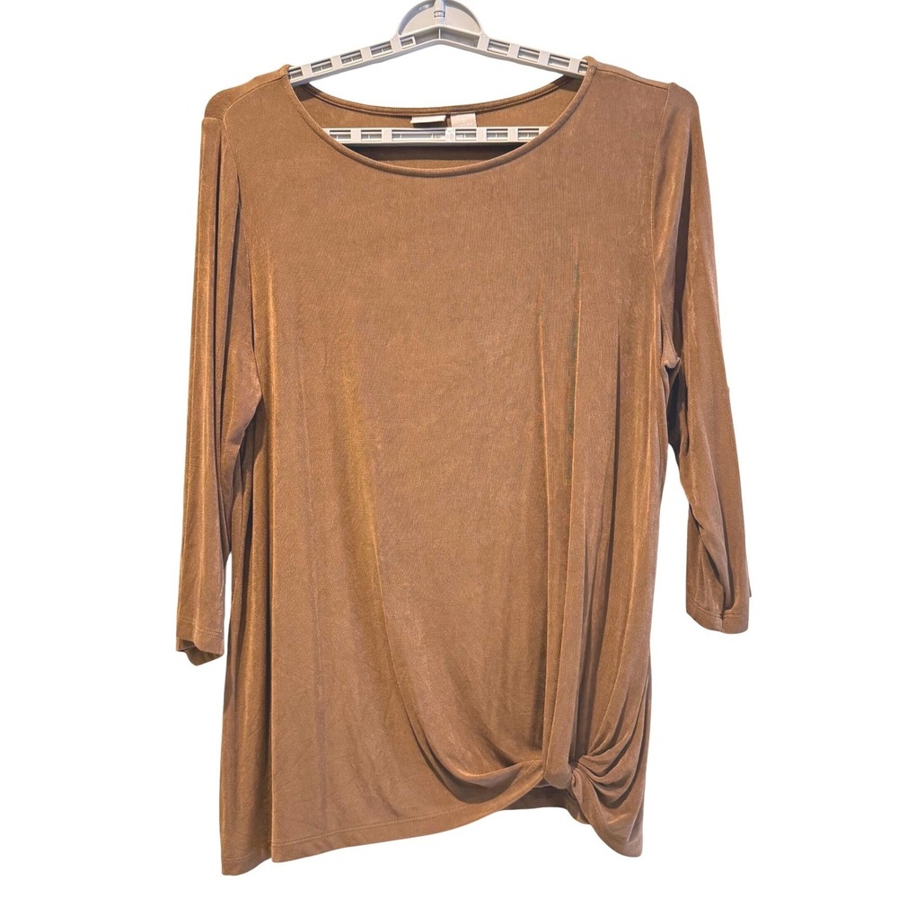 CHICO'S Travelers Brown 3/4 Sleeve Twist Front Tunic Top Shirt Women Size 3 (16)